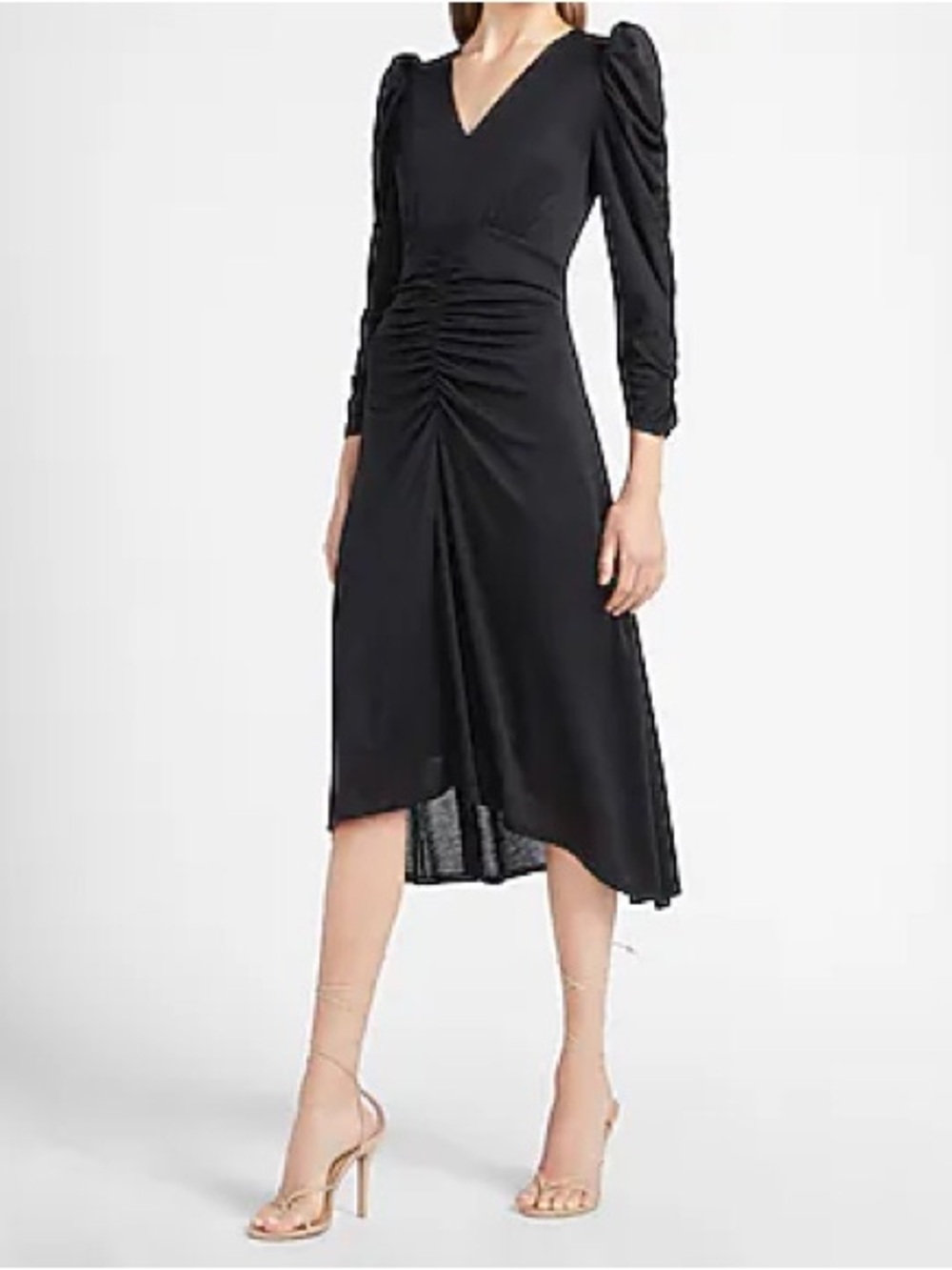Express Black Long-Sleeve Ruched V-Neck Midi Dress with Puff Shoulders